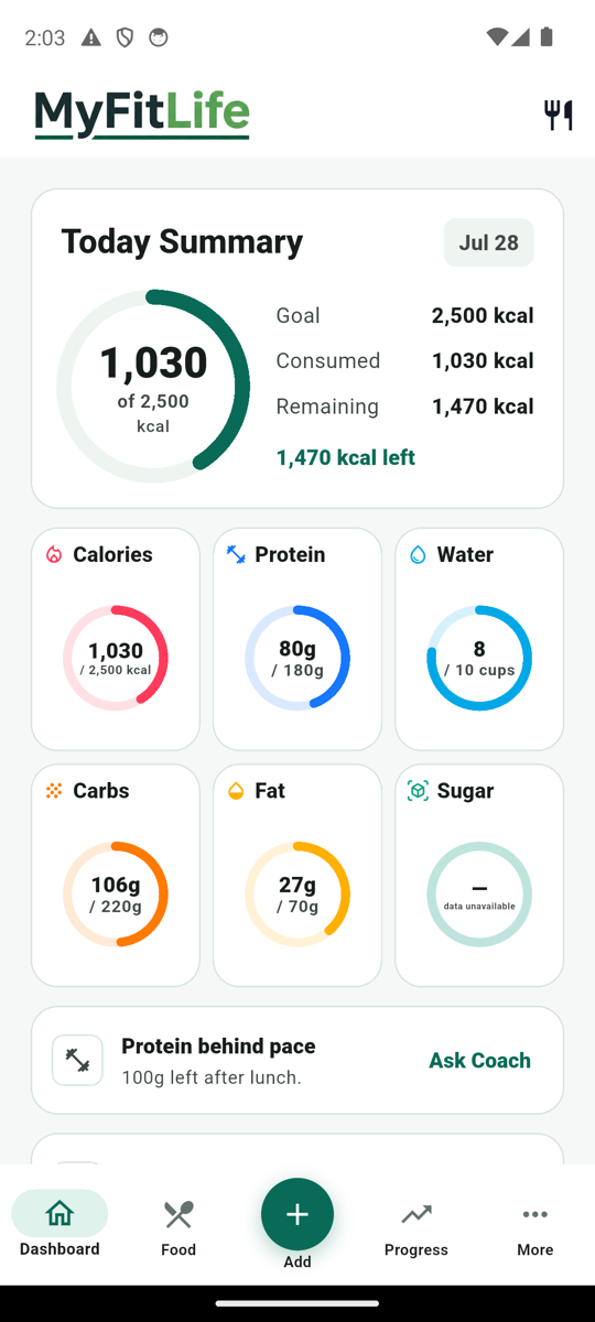 MyFitLife dashboard showing a daily calorie summary, nutrient tracking, and hydration.